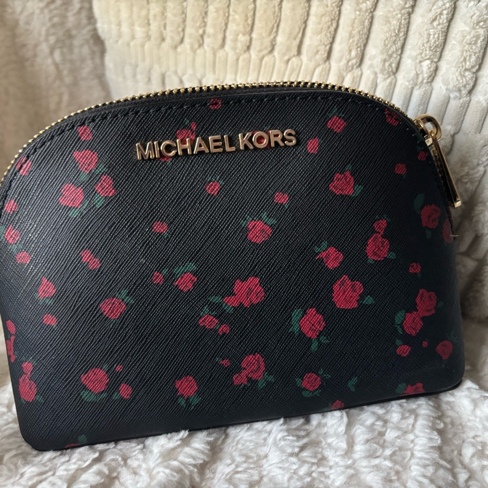 Michael Kors Black Pouch with Red Floral Pattern